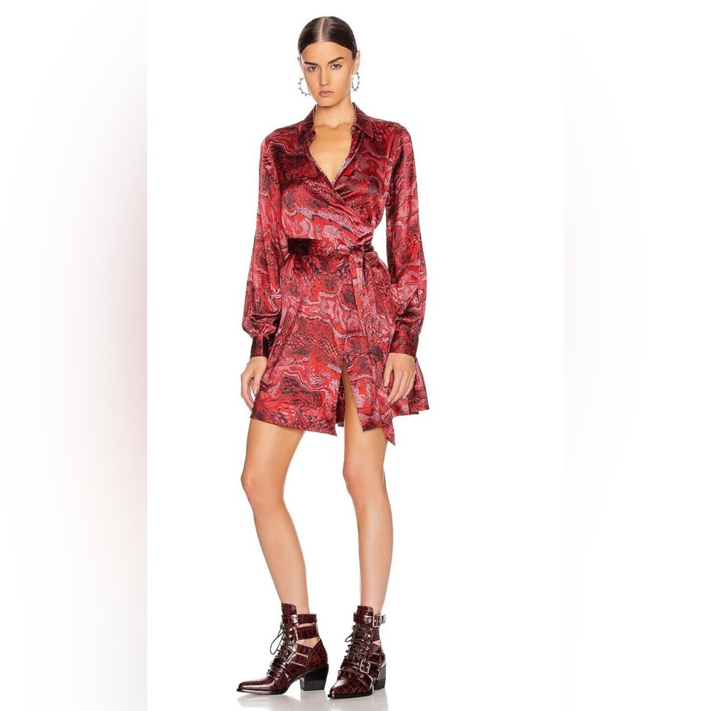 NWT. GANNI Printed silk-blend satin mini wrap dress